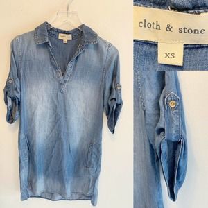 Cloth & Stone Women's XS Roll Tab Sleeve Knee Length Dress W/ Pockets Lyocell